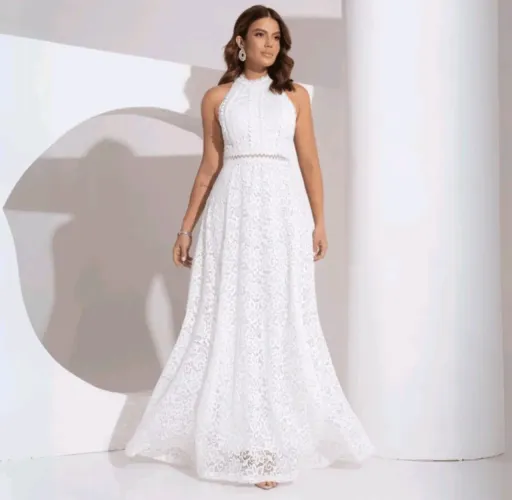 Detrix Vestido Casamento Civil Noiva Gola Alta Rodado De Renda Off Festa Renda