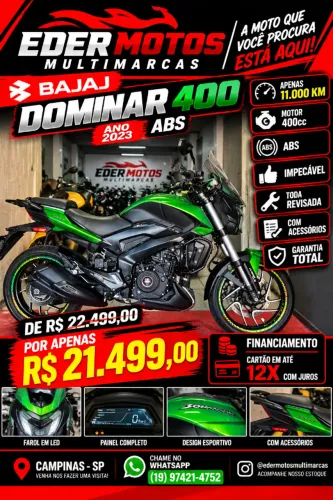 BAJAJ DOMINAR 400 ABS 2023 VERDE IMPECAVEL COM APENAS 11.000KM E COM GARANTIA TOTAL