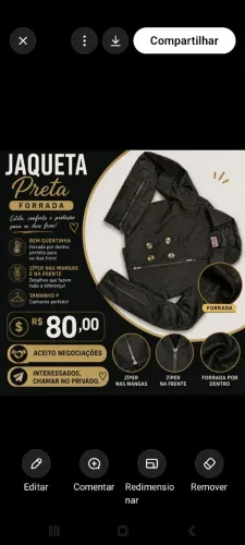 Jaqueta Preta forrada, Tamanho P, bem quentinha, zíper nas mangas e frontal R$ 80,00