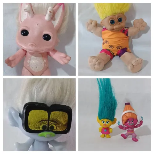Lote com três miniaturas troll, uma personagem Zelfo 17 cm e um boneco troll antigo 30 cm