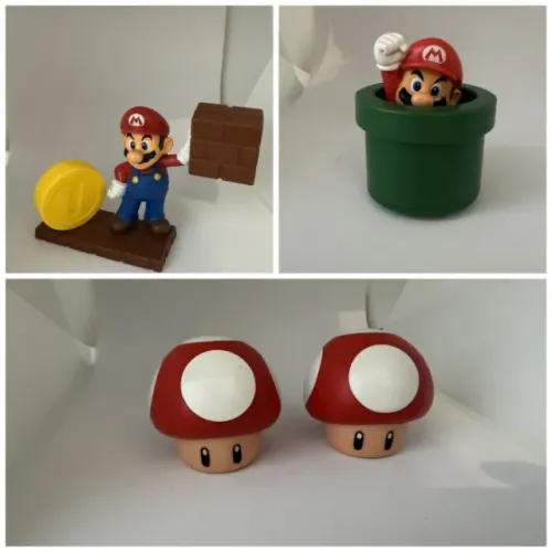 Kit 4 BrinqKit 4 Brinquedos Super Mario McLanche Feliz McDonald's - Bloco, Cano e Cogumelo