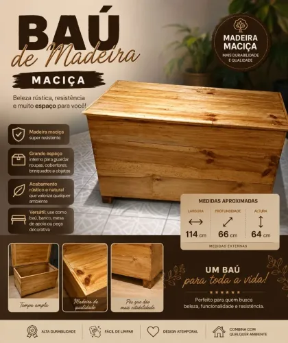 Baú de madeira maciça