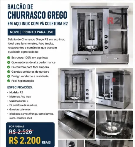 Balcão/Máquina de Churrasco Grego em Aço Inox Com Pá Coletora