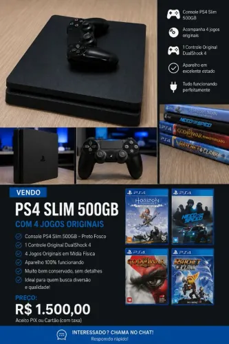 ? PS4 Slim 500GB + Controle Original + 4 Jogos