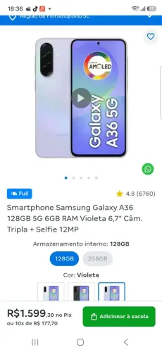 Vendo celular A36 5g gb 128 impecável branco