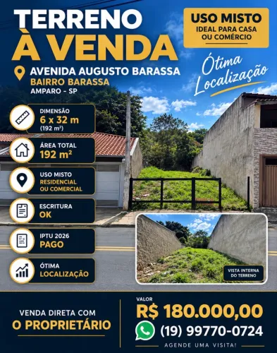 Terreno misto em Amparo-SP 192m2 Avenida Augusto Barassa