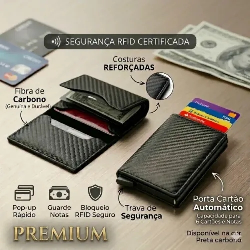 Carteira Slim RFID Antifurto Masculina Ultra Fina Porta Cartões Carbono