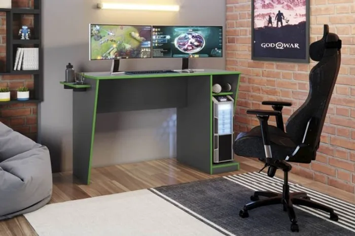 Promoção! Mesa Gamer Cyber Com Porta Copos Grafite/Verde Frete Grátis