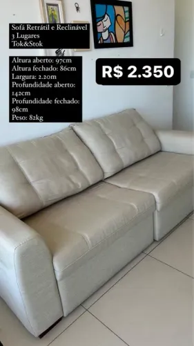 Sofá Retrátil e Reclinável 3 Lugares Tok&Stok