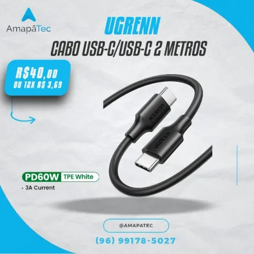Ugreen Cabo de carregamento Usb-C/usb-C 60W 3A 2 Metros