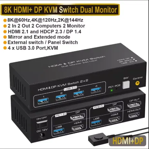 Duplo DP KVM Switch, 4K, 120Hz, 2x2, USB 3.0, HDMI