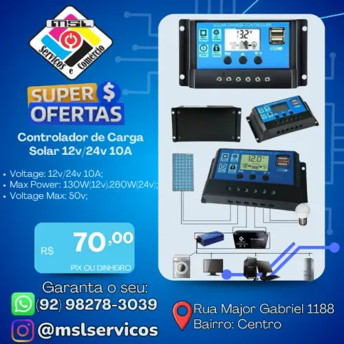Controlador de Carga Solar 12V/24V 10A - Eficiência e Proteção para Seu Sistema Solar!