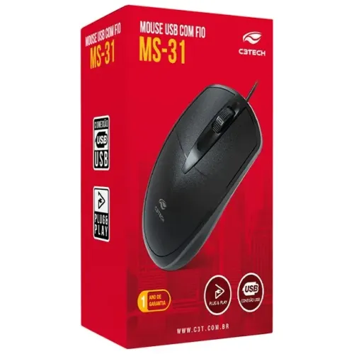 Mouse Usb C3Tech MS-31BK, 1000 DPI, Preto - C3PLUS Loja Coimbra Computadores Entregamos