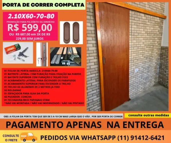 Porta correr de Madeira Mescla 80 X 210 Batente fechadura stam