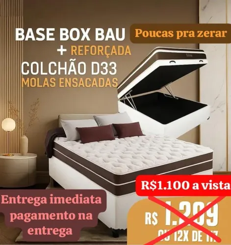 CONJUNTO COLCHÃO CASAL ESPUMA D33 MOLAS ENSACADA BASE BAU CASAL REFORÇADA 