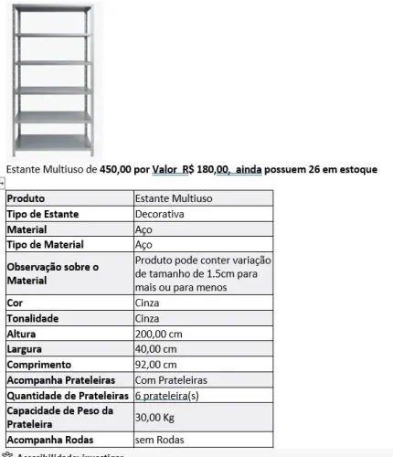 ESTANTE MULTIUSO = 200M X0,92MX0,40M - APENAS 10 EM ESTOQUE