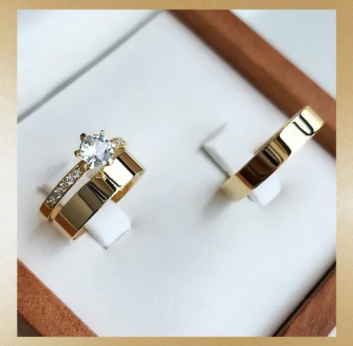 Par de Alianças Tungstênio Retas 4mm Ouro18K Banho + Solitário. Noivado, Casamento - Promo