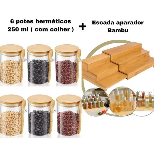 6 potes hermético 250ml com colher + Escada bambu suporte ( Outeiro )
