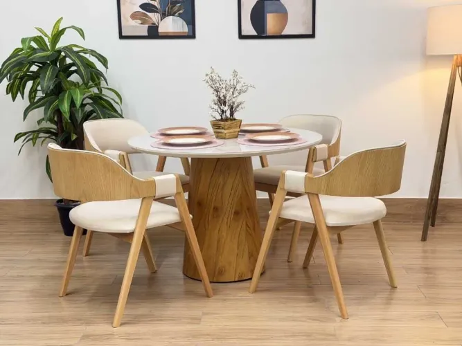 Mesa de Jantar Redonda Base Cone c/4 Cadeiras Madri l65