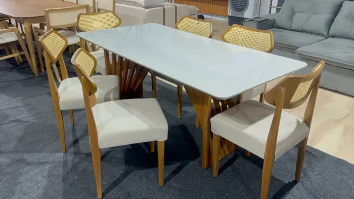 MESA DE JANTAR 1.80x90 BASE RIPADA 100% MADEIRA COM 6 CADEIRAS