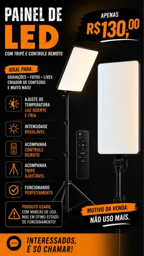 PAINEL DE LED COM TRIPÉ E CONTROLE REMOTO
