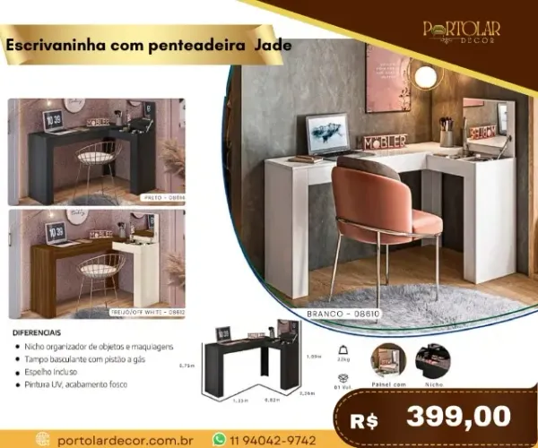 Escrivaninha com Penteadeira Jade, a pronta entrega