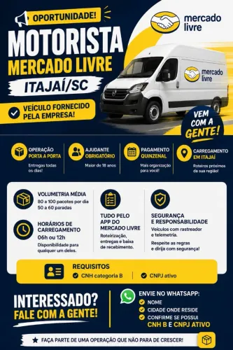 VAGA MOTORISTA CNH B MERCADO LIVRE