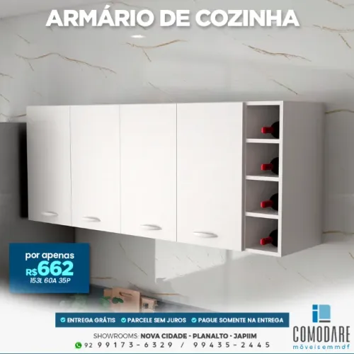 Armário de Cozinha 4 Portas com Adega Lateral 1,53m - R$ 662