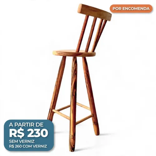 Banqueta Alta de Madeira Maciça 70cm com Encosto - Bar, Cozinha