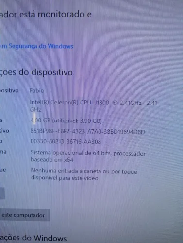 CPU -Processador Intel(R) Celeron(R) CPU J1800 @ 2.41GHz 2.41 GHz<br>RAM instalada 4,00