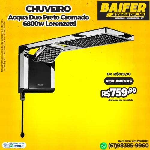 Chuveiro Acqua Duo Preto Cromado 6800w Lorenzetti