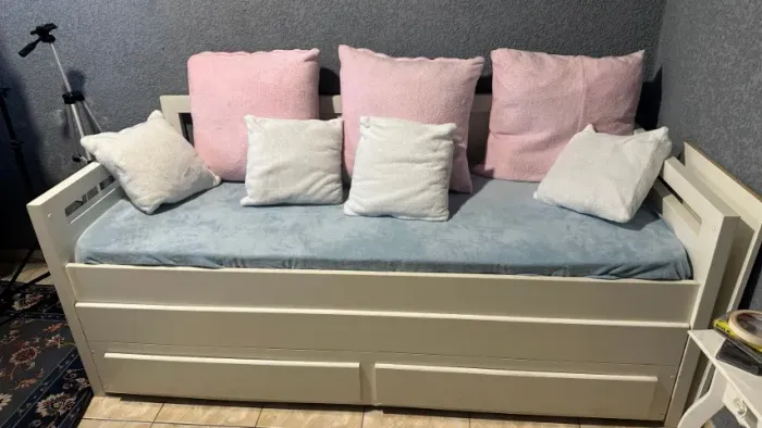 Cama Branca de solteiro com gavetas, Bicama, Madeira maciça