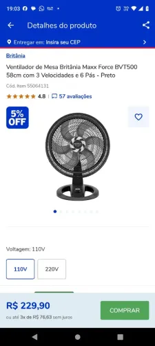 Ventilador Britânia 58cm 6 par com defeito