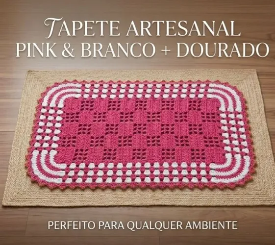Tapete de Crochê Retangular Branco e Pink com Fio Dourado | Artesanal Feito à Mão