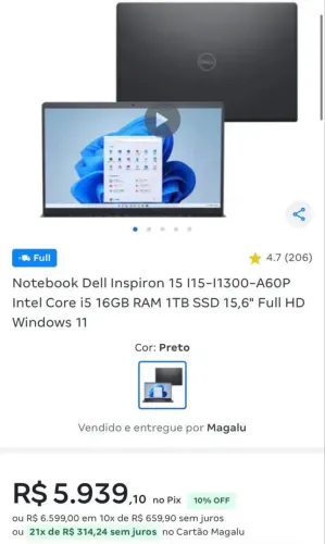 Notebook Dell 16GB RAM 1TB ARMAZENAMENTO