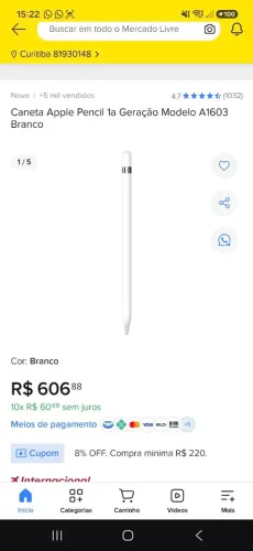 Apple Pencil 1ª Geração - Original (Modelo A1603) - Impecável