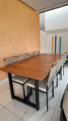 Mesa de Madeira para area externa c/ 8 cadeiras em corda naútica