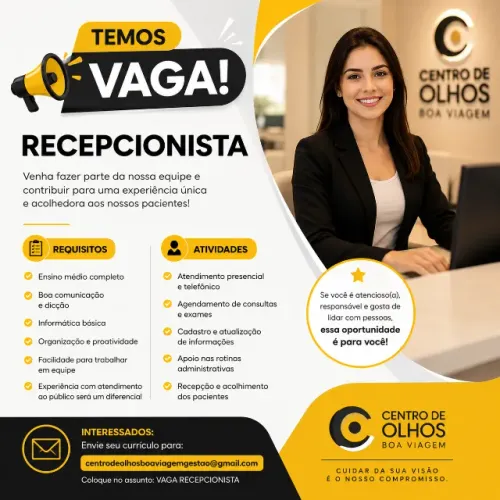 Vaga para Recepcionista em Clínica Médica - Centro de Olhos Boa Viagem