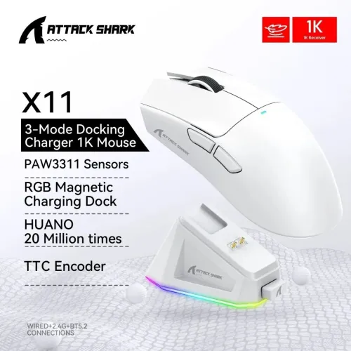 Mouse Gamer Attack Shark X11, Branco, Wireless, 20.000 DPI, 1000Hz, Recarregável, RGB