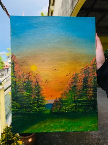 Quadro Pintando a Mão: Entre Árvores e o Último Sol