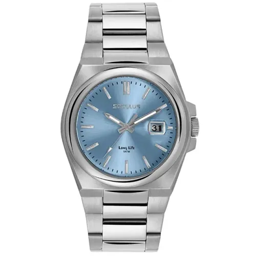 Relógio Masculino Seculus Social Calendário Prata e Azul Original