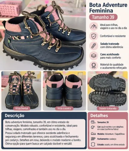 Bota Adventure Feminina Tamanho 39 - Azul e Rosa
