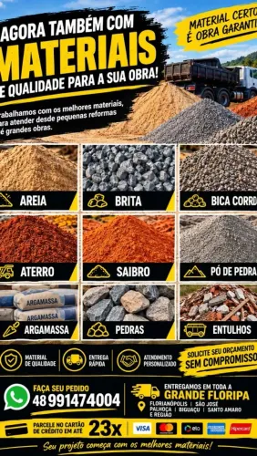 Materiais para sua obra, brita, areia, pedrisco, barro, pedra.