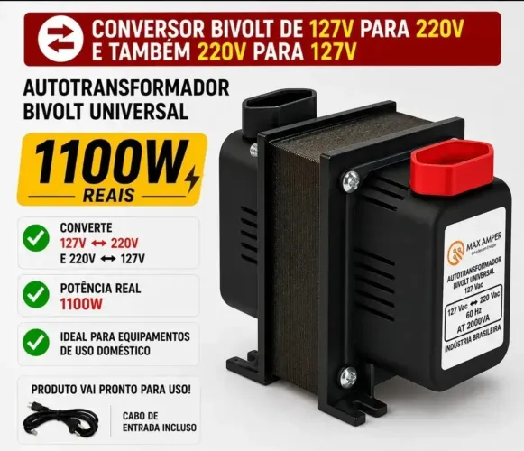 Auto Transformador 2000VA Conversor Bivolt 110V/220V com Proteção
