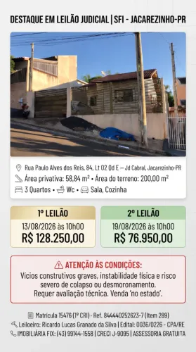 Oferta especial ? Casa no Jd Cabral, Jacarezinho - PR, Nº 84, 3 quartos, 200m² | Leilão