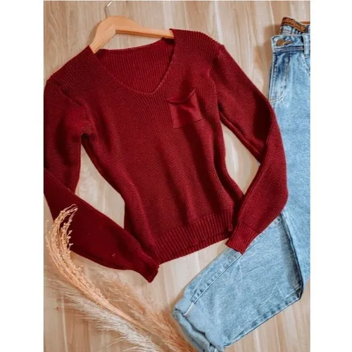 Blusa tricot manga longa bolsinho