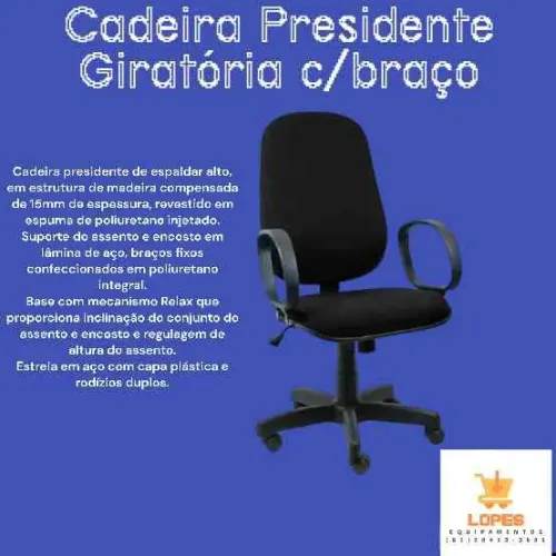 Cadeira presidente giratória com braço em até 5x sem juros no cartão
