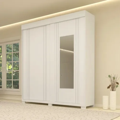 Roupeiro Solteiro c/Espelho 2 Portas 3 Gavetas MDF Larg. 1.80m Branco rf432