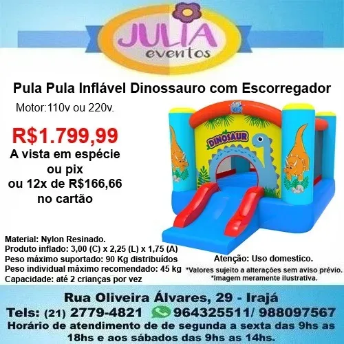 Pula Pula Inflável Dinossauro 3 x 2,5m - Diversão Garantida