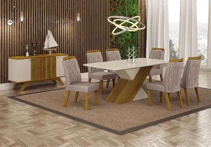 CONJUNTO DE JANTAR MESA CANTO COPO COM TAMPO EM VIDRO E 6 CADEIRAS
